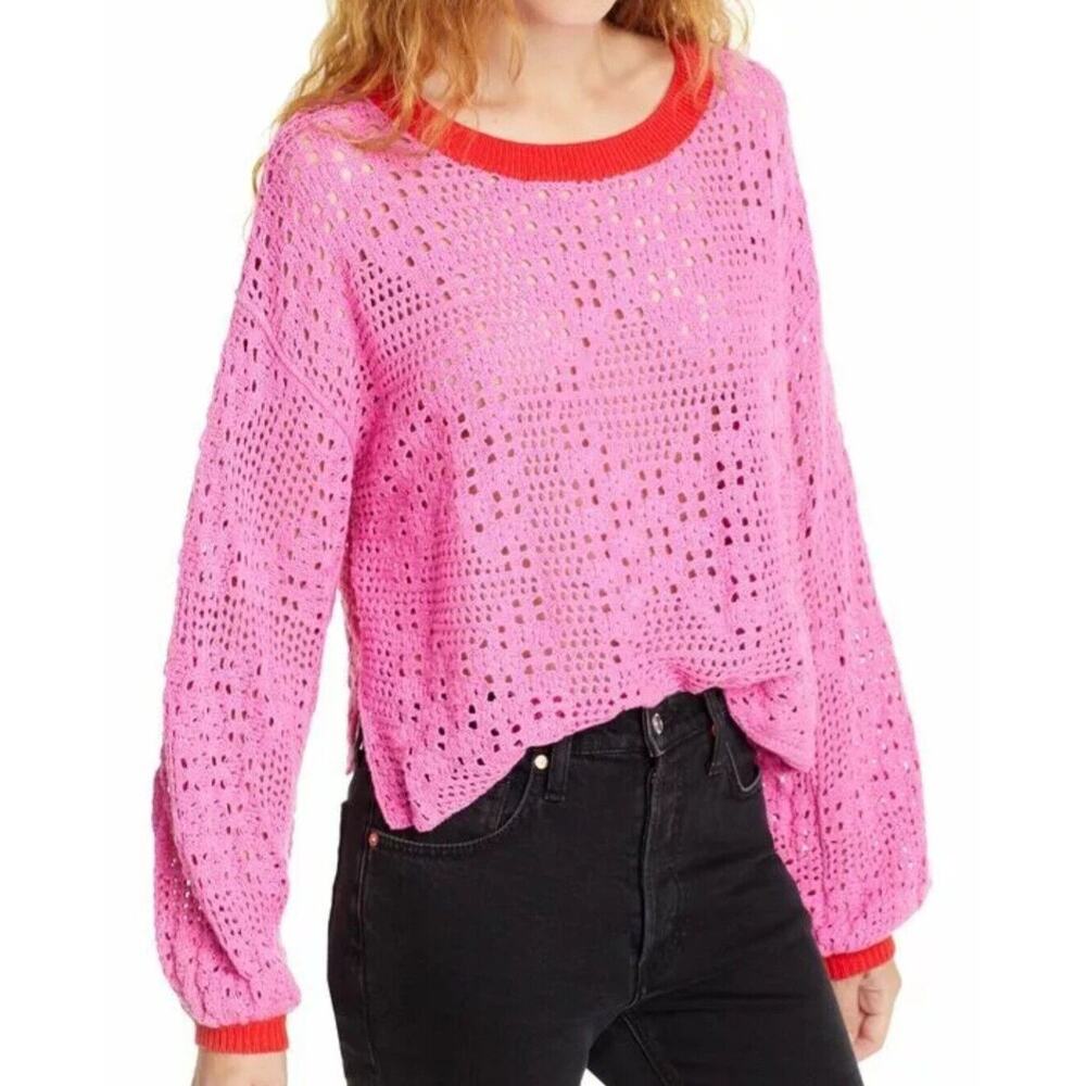 Free‎ people Sweater Womens XS Home Run Cotton Bright Pink Crochet Cropped Twee